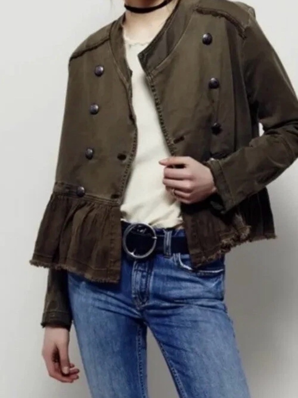 Free People Military Army Green Ruffle Hem Peplum Jacket Size Large Cotton